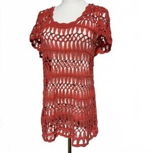 Roz & Ali Women's Coral Red Crochet Beaded Knit Boho Beach Top, Large